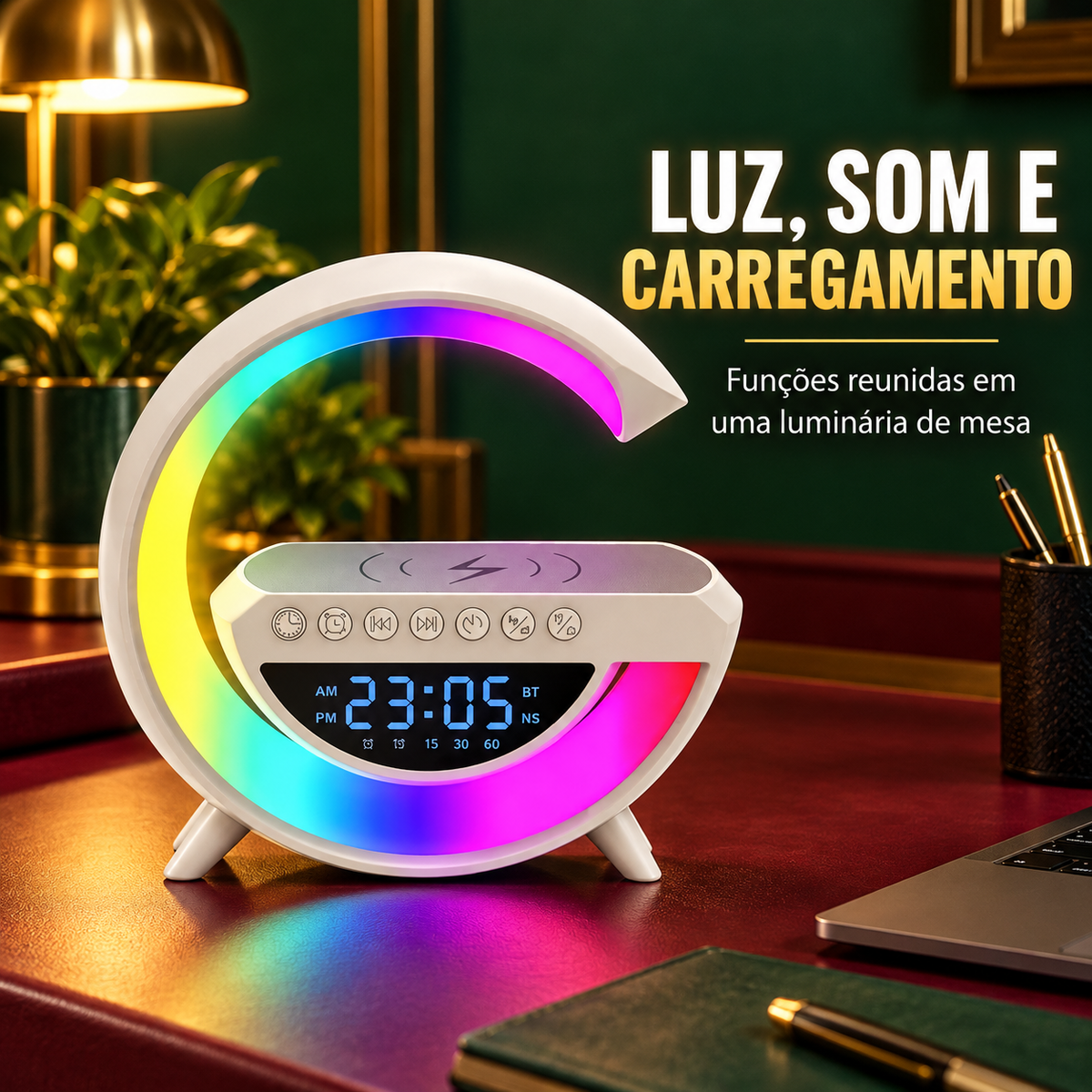 Luminária multifuncional RGB com relógio digital, caixa de som e carregador por indução