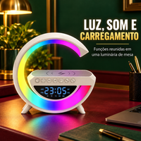 Luminária multifuncional RGB com relógio digital, caixa de som e carregador por indução