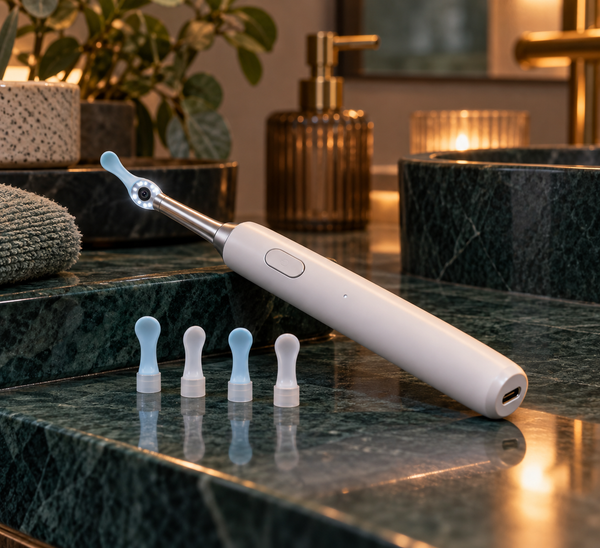 Câmera auricular branca com ponteiras de silicone e carregamento USB-C