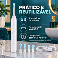 Câmera auricular com quatro ponteiras e recarga USB-C