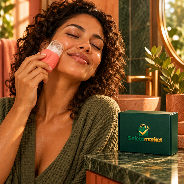 Mulher usando suavemente o massageador facial gelado com embalagem SeletoMarket