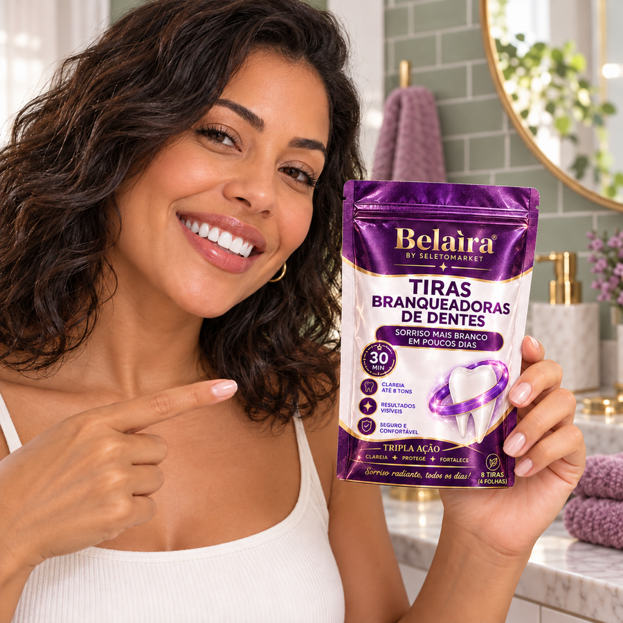 Mulher brasileira apresentando as tiras clareadoras Belaira