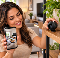 Câmera Wi-Fi em uso visível por uma mulher brasileira