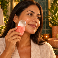 Mulher aplicando o massageador facial gelado na bochecha em um banheiro aconchegante