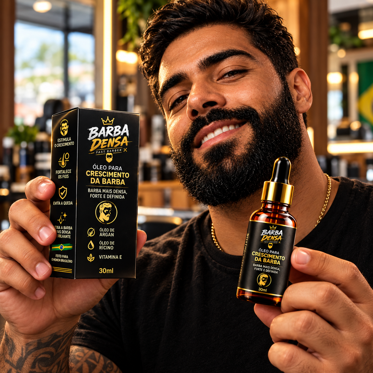 Homem brasileiro apresentando óleo para barba Barba Densa