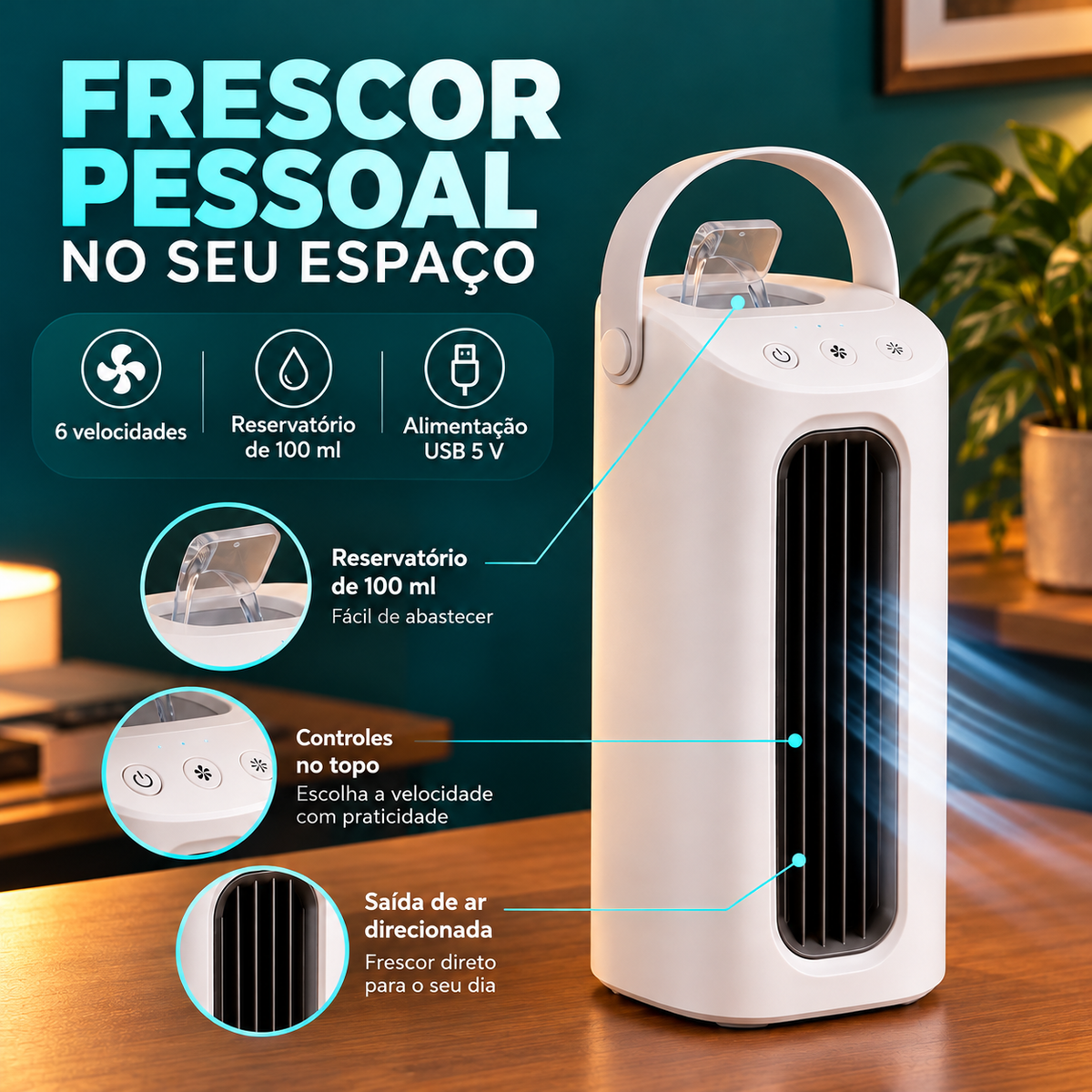 Mini climatizador AirZen com seis velocidades e reservatório de 100 ml