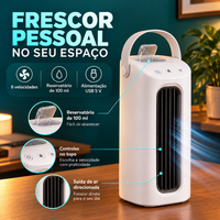 Mini climatizador AirZen com seis velocidades e reservatório de 100 ml