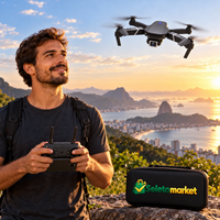 Homem brasileiro com controle remoto pilotando drone
