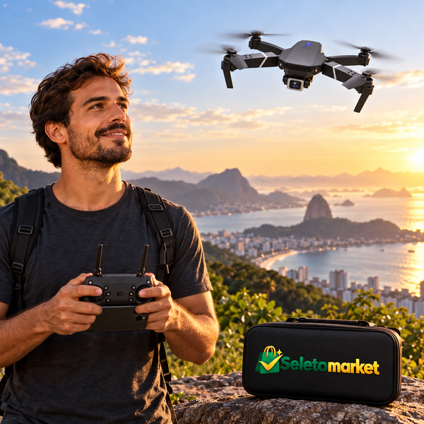 Homem brasileiro com controle remoto pilotando drone