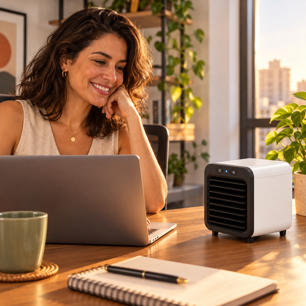 Mulher brasileira usando mini climatizador em seu home office