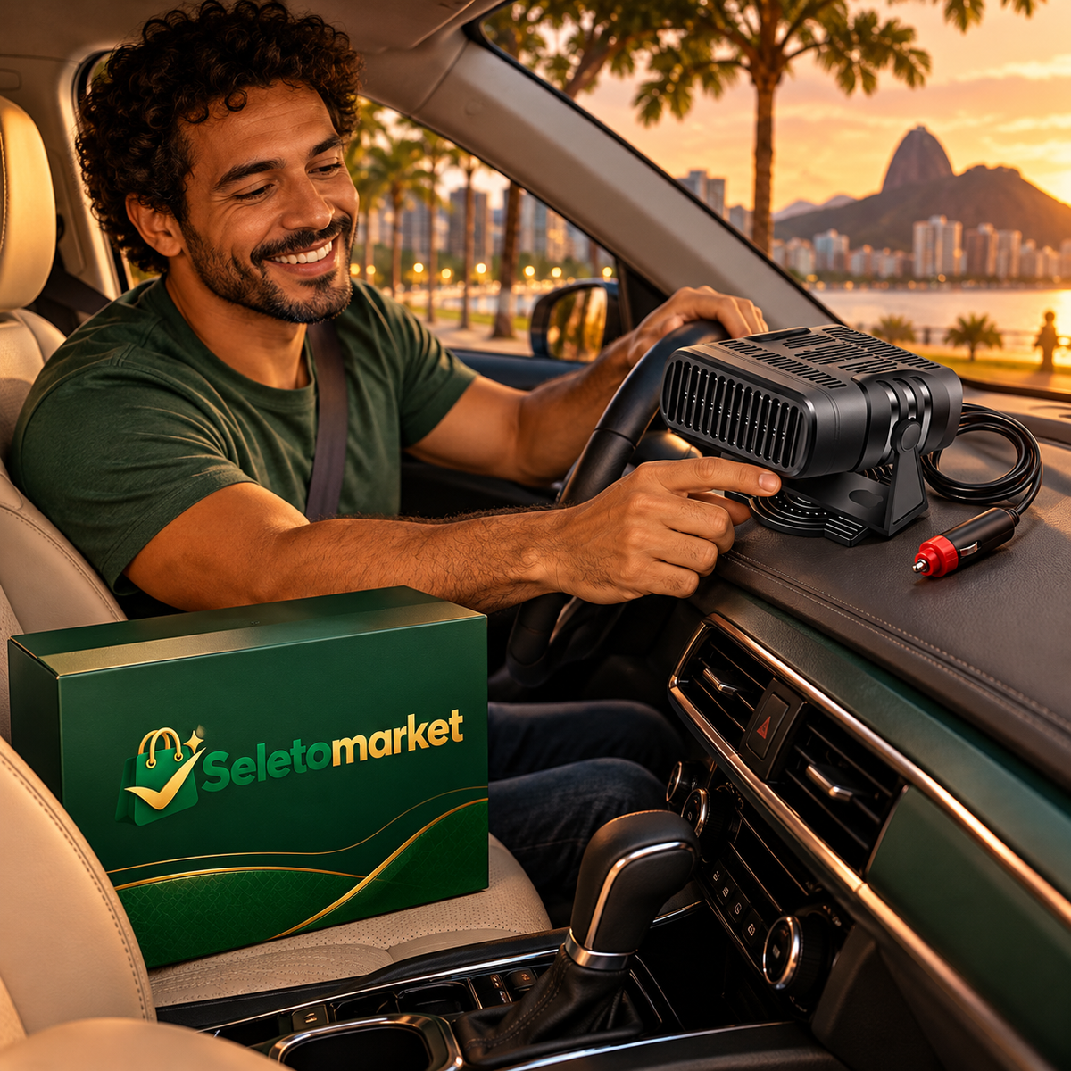 Motorista usando o ventilador automotivo portátil com embalagem SeletoMarket