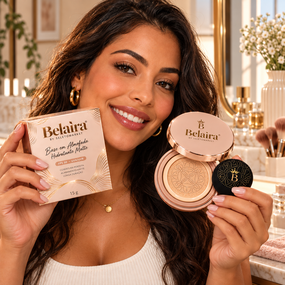 Mulher brasileira segurando a base cushion Belaira Bege Natural