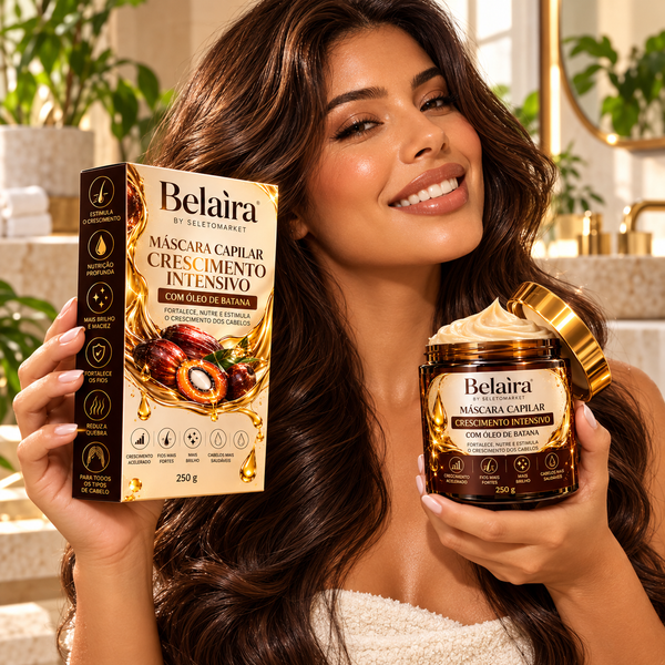 Mulher brasileira segurando máscara Belaira