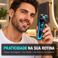 Homem brasileiro sorrindo e segurando barbeador elétrico recarregável USB