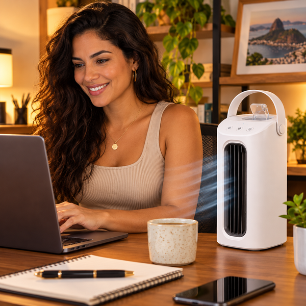 Mulher brasileira usando mini climatizador portátil AirZen