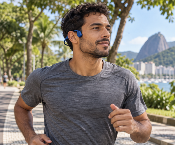 Homem brasileiro usando fone aberto durante corrida