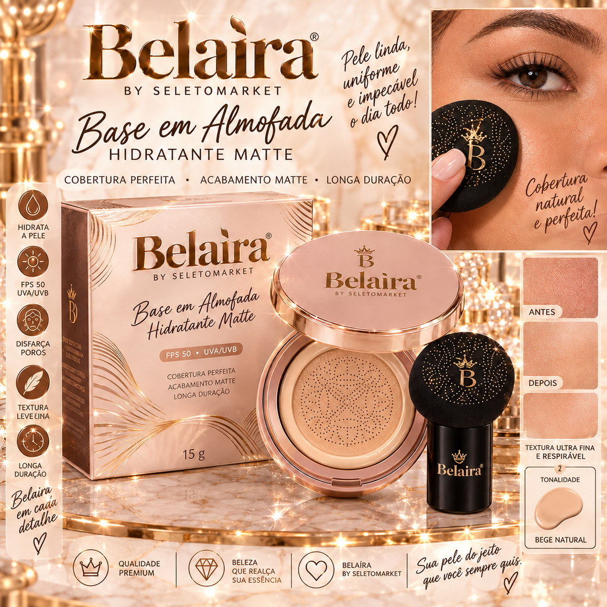 Base em almofada Belaira FPS 50, tom Bege Natural, 15 g