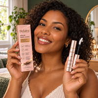 Mulher brasileira apresentando o sérum Belaira para cílios com a caixa