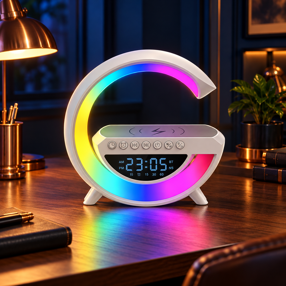 Luminária de mesa branca com arco RGB e relógio digital em uma mesa de trabalho