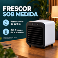 Mini climatizador com reservatório de 330 ml e autonomia de até 8 horas