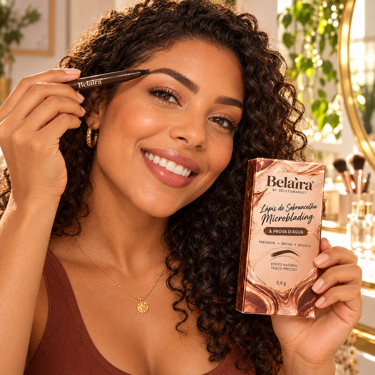 Mulher brasileira apresentando a caneta Belaira para sobrancelhas