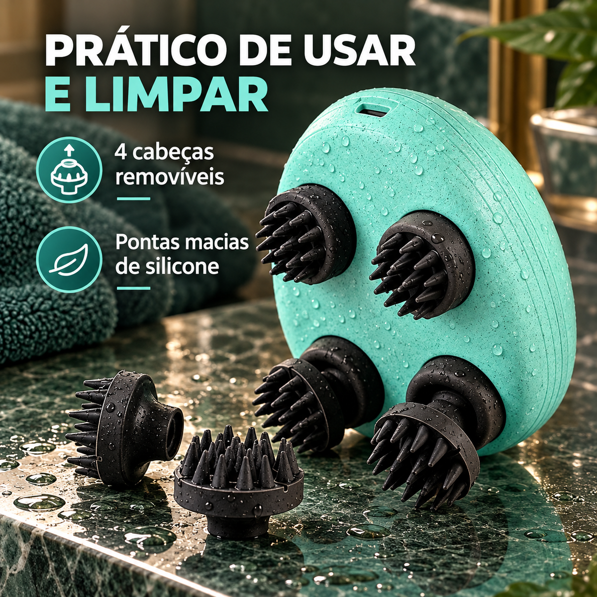 Cabeças de silicone removíveis para facilitar a limpeza do massageador