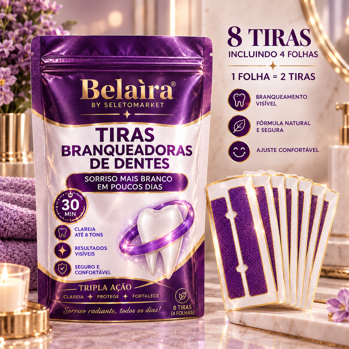 Embalagem das tiras clareadoras Belaira, com 8 tiras em 4 folhas