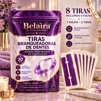 Embalagem das tiras clareadoras Belaira, com 8 tiras em 4 folhas