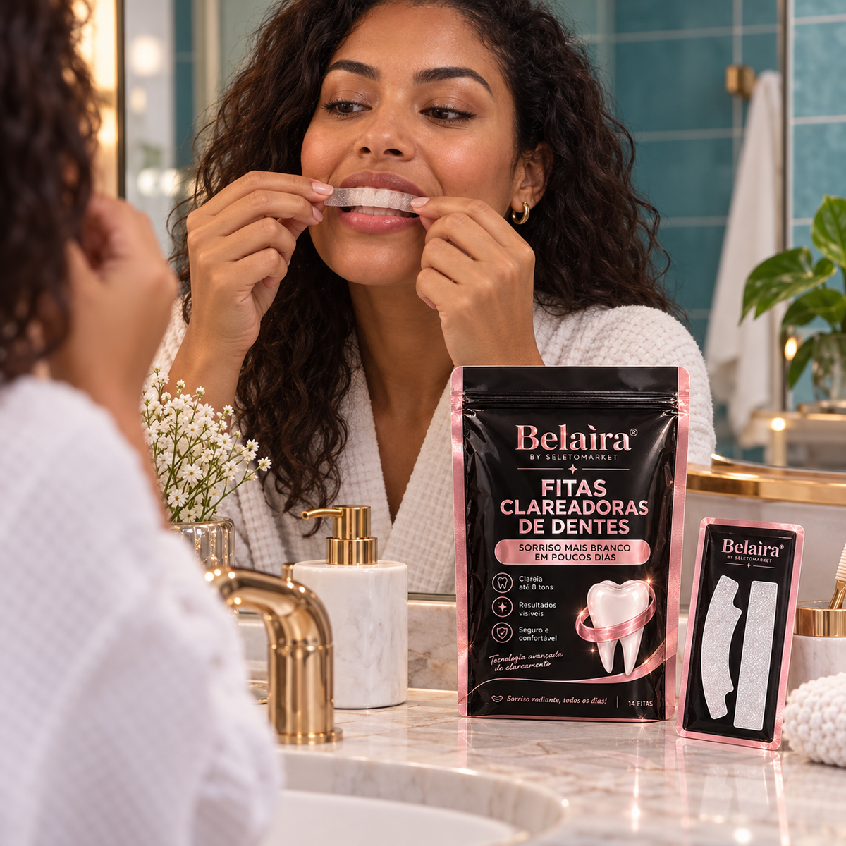 Mulher brasileira aplicando uma fita dental seguindo a rotina de cuidados