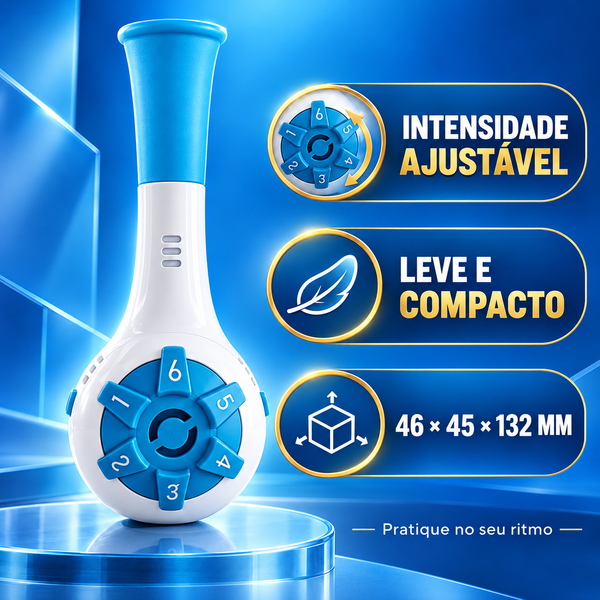 Exercitador respiratório com intensidade ajustável e dimensões compactas