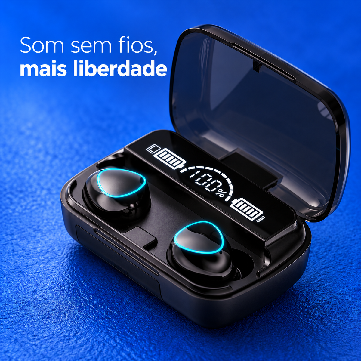 Close dos fones TWS e indicador de bateria