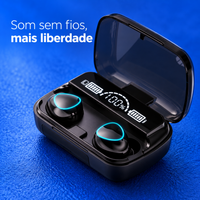 Close dos fones TWS e indicador de bateria