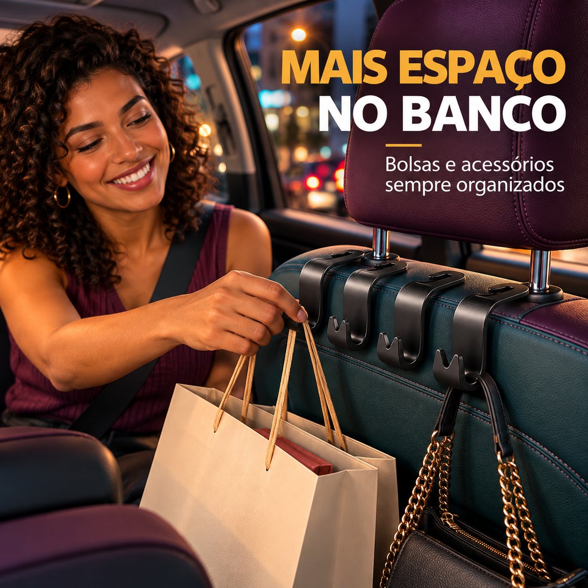 Ganchos automotivos organizando bolsas em carro estacionado