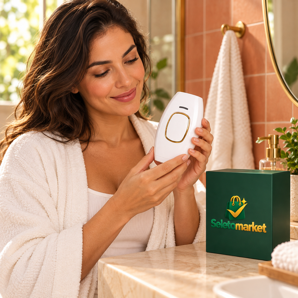 Mulher usando o depilador IPL junto à embalagem SeletoMarket