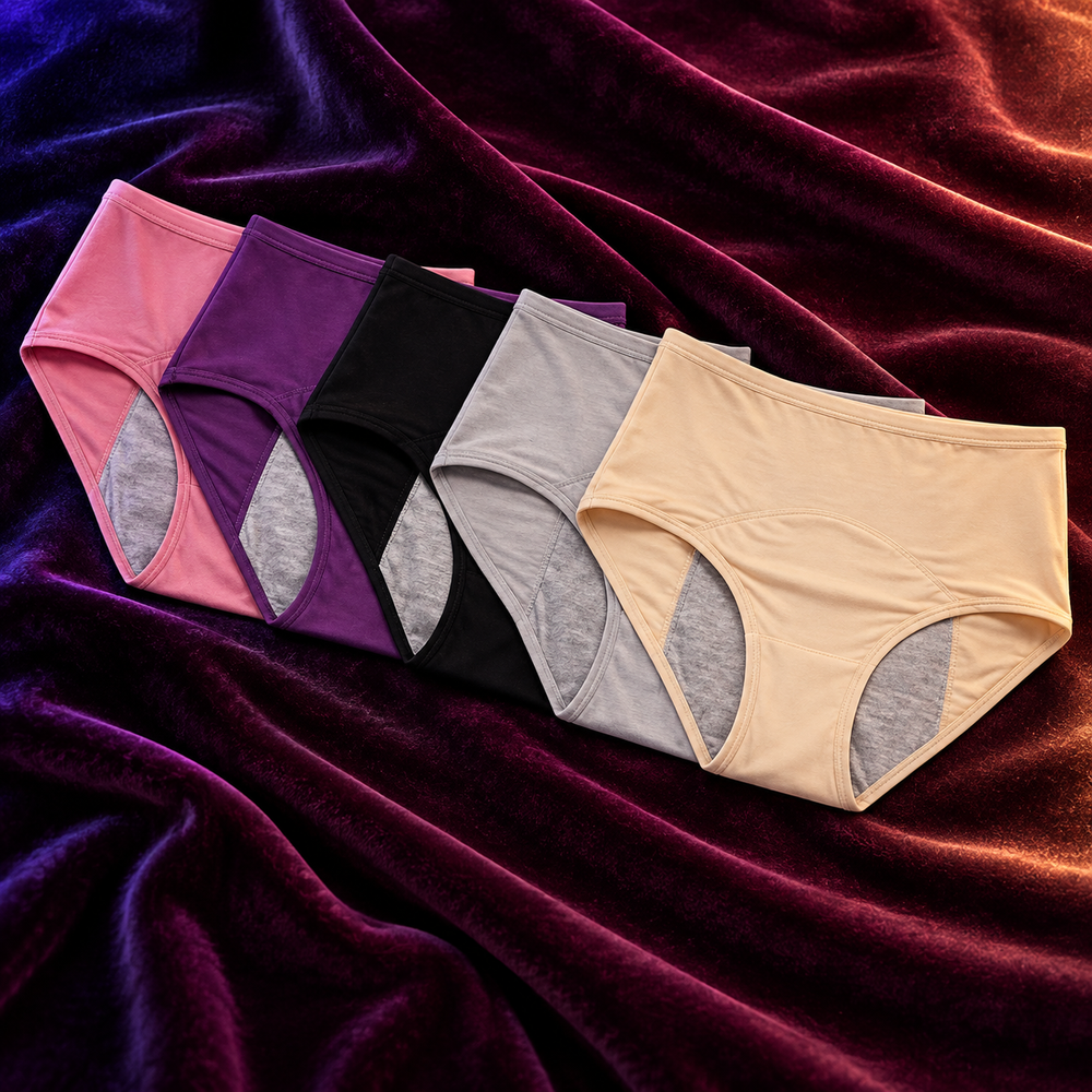 Kit com cinco calcinhas absorventes reutilizáveis em cores variadas