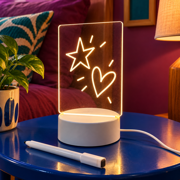 Luminária acrílica com desenhos luminosos em mesa lateral