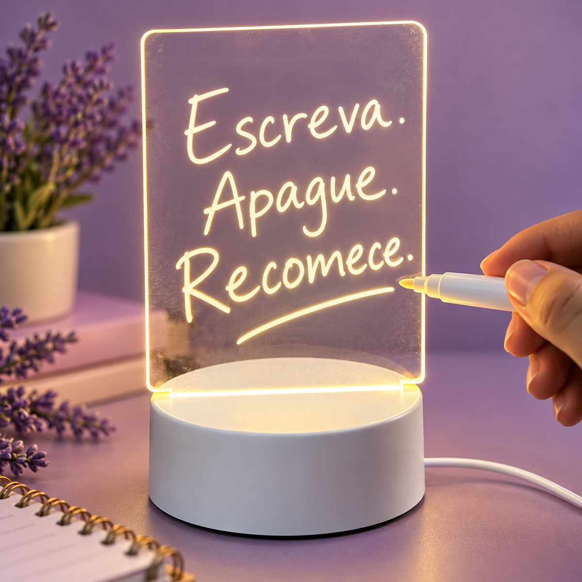 Detalhe da placa de acrílico e caneta da luminária