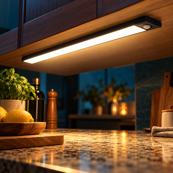 Barra LED preta de 40 cm com sensor sob armário