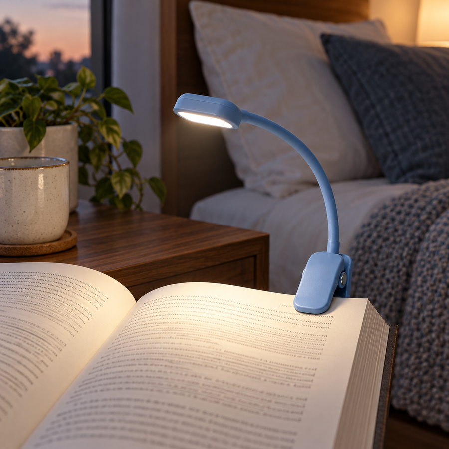 Luminária LED azul flexível presa a um livro aberto