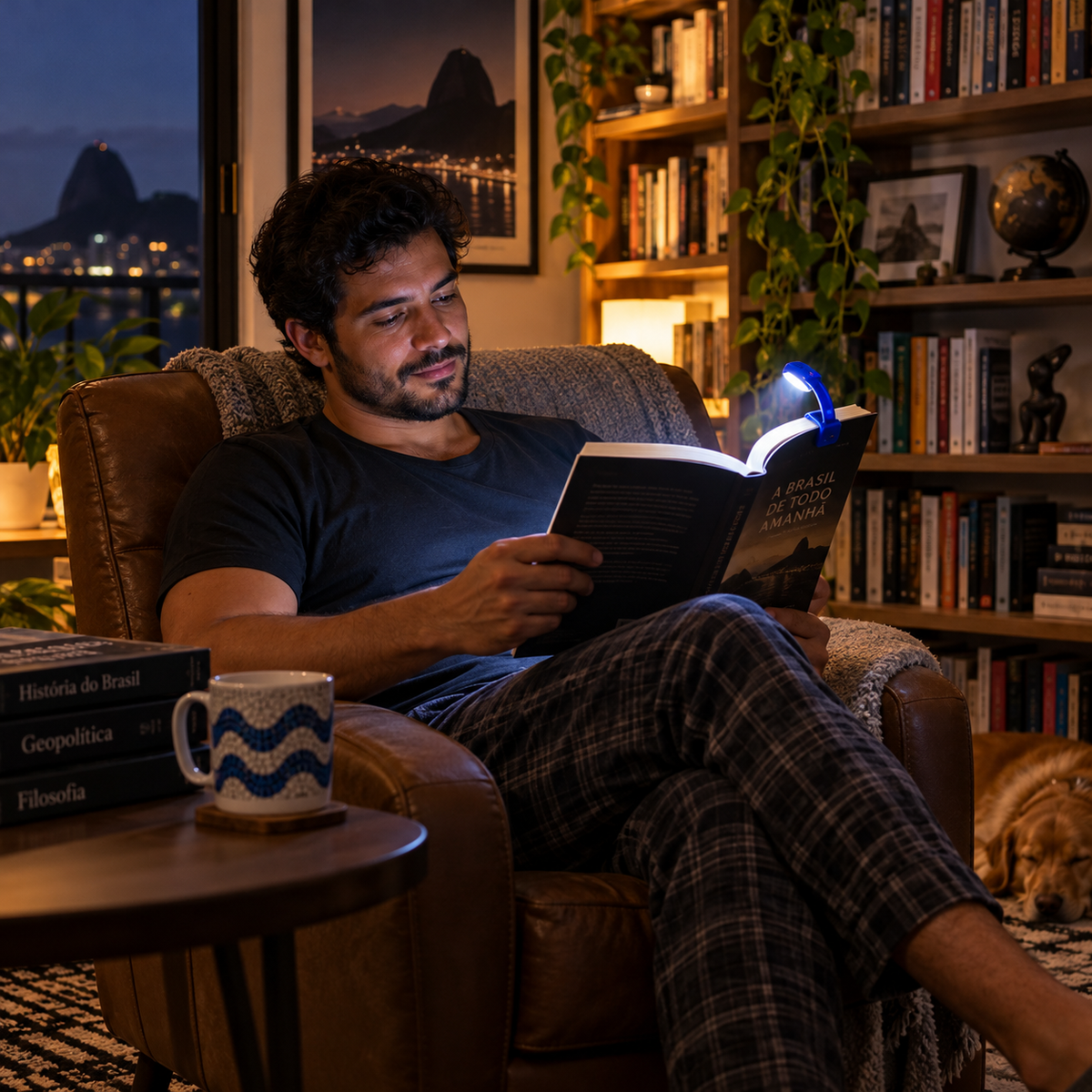 Pessoa lendo com luminária LED em poltrona