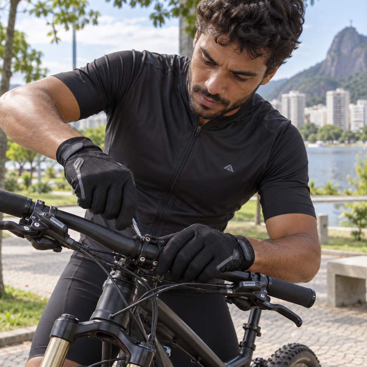 Ciclista usando luvas pretas ao ajustar a bicicleta