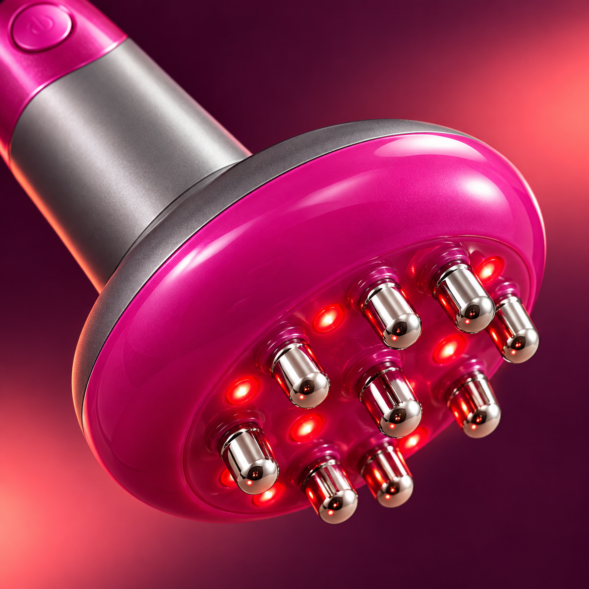 Detalhe dos roletes metálicos e pontos de luz vermelha na cabeça do massageador