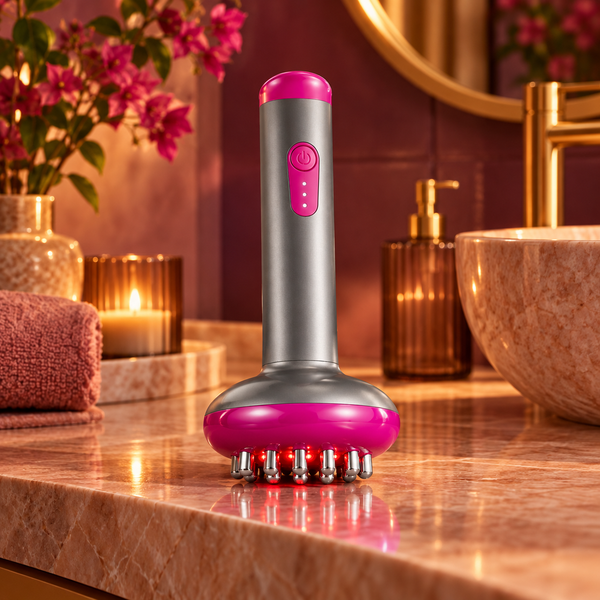 Massageador corporal portátil cinza e rosa com roletes metálicos e luzes LED vermelhas