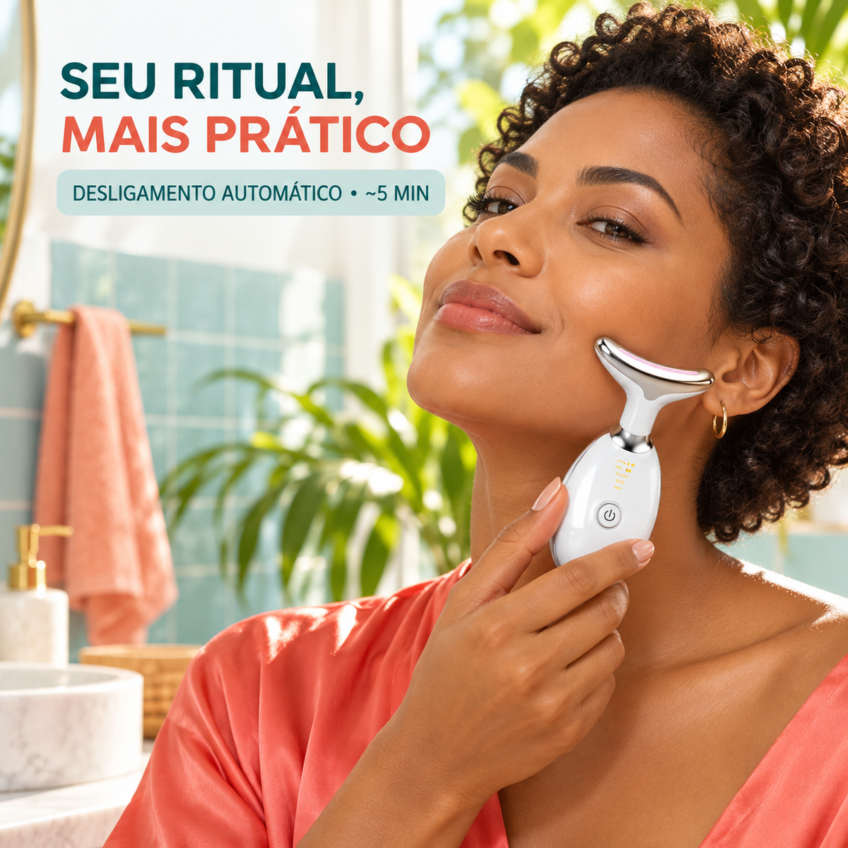 Mulher brasileira usando massageador facial com auto desligamento de aproximadamente cinco minutos