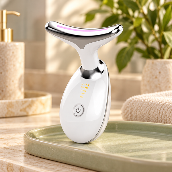 Massageador facial branco e prateado SeletoMarket em cenário de autocuidado