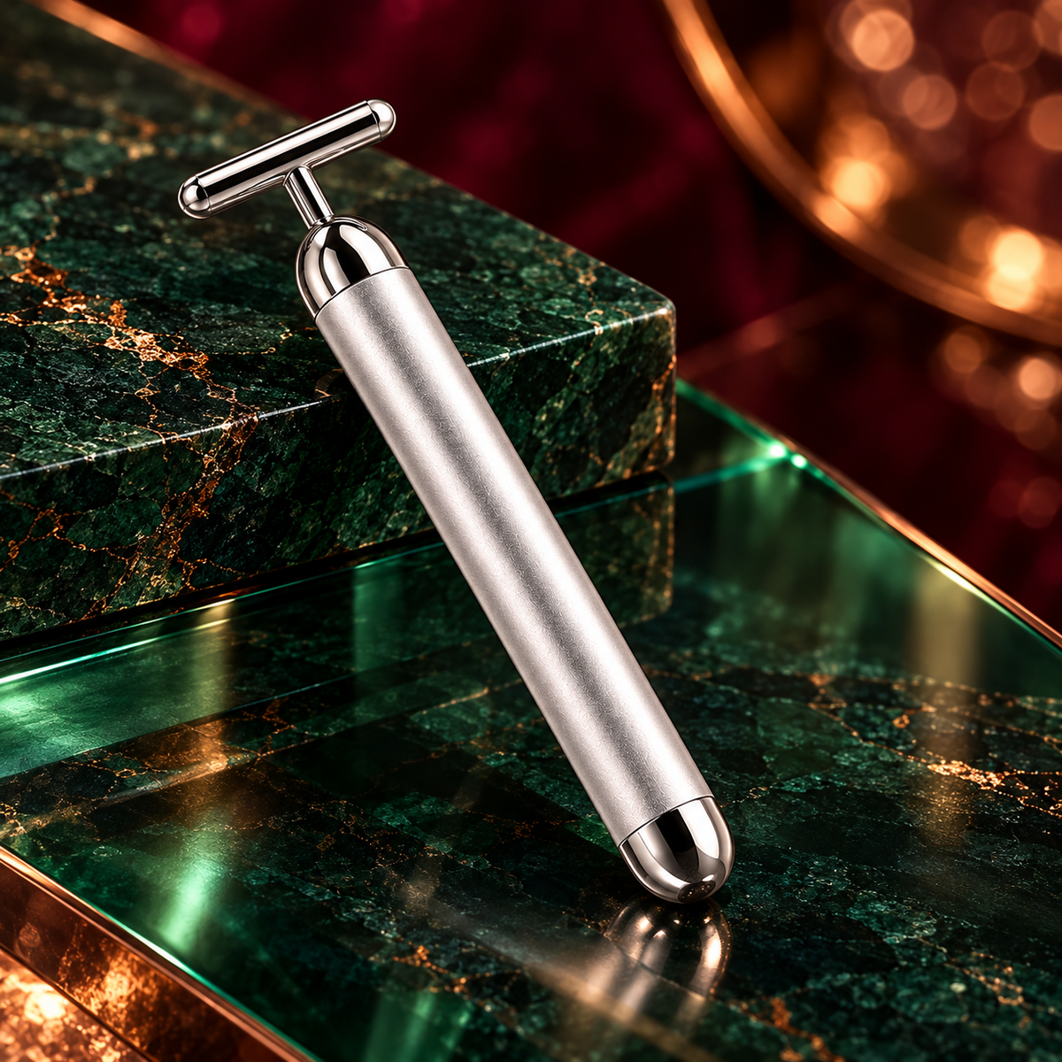 Massageador facial T-bar na cor prata