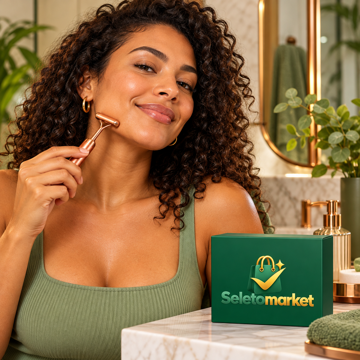 Mulher brasileira adulta usando massageador facial com embalagem SeletoMarket
