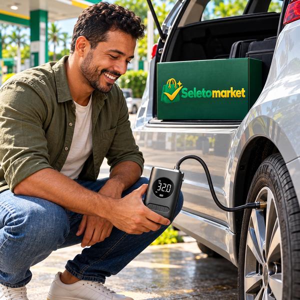 Motorista brasileiro usando mini compressor recarregável SeletoMarket