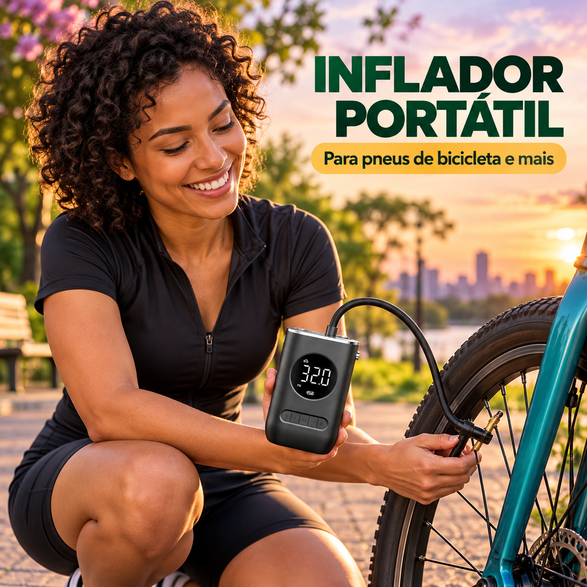 Inflador portátil em uso com pneu de bicicleta