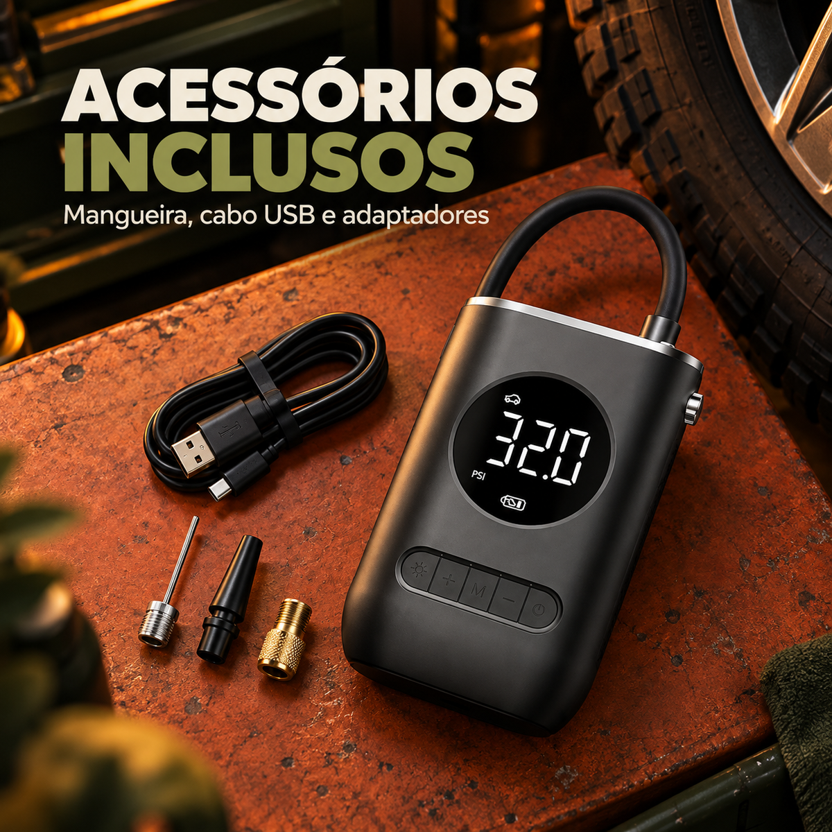 Acessórios incluídos no mini compressor recarregável